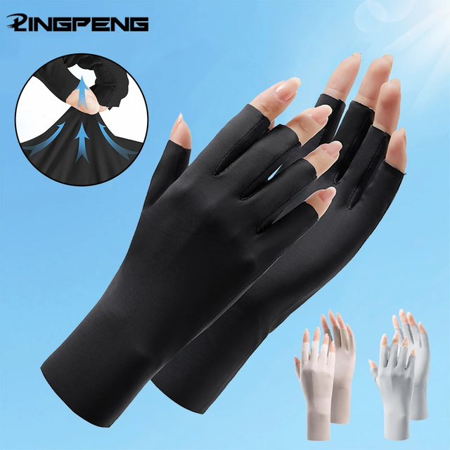 Women's Summer Ice Silk UV Protection Sunscreen Gloves Half Finger Thin Breathable Cooling Driving Gloves