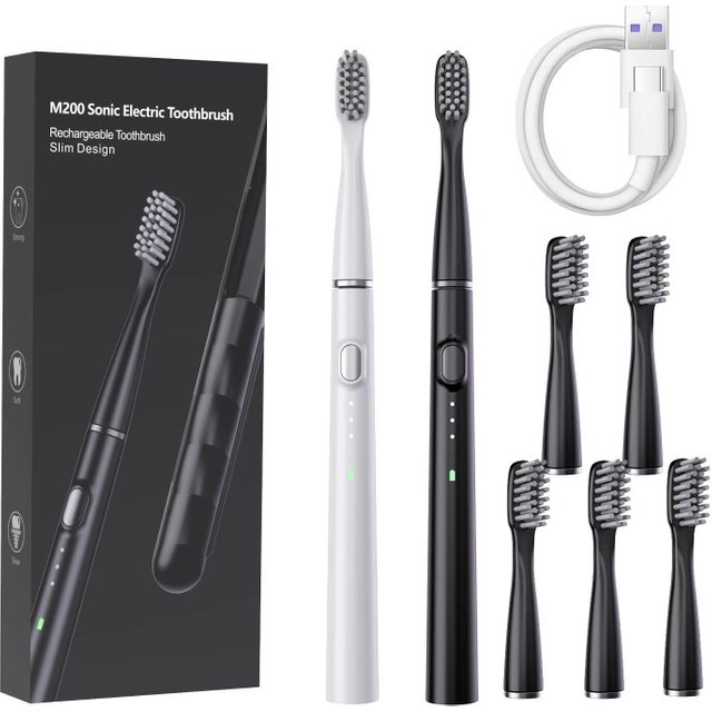 Portable Smart Slim Sonic Electric Toothbrush for Adults 6 Brush Heads Type-C Charging Whitening Cleaning Travel Case Oral Care