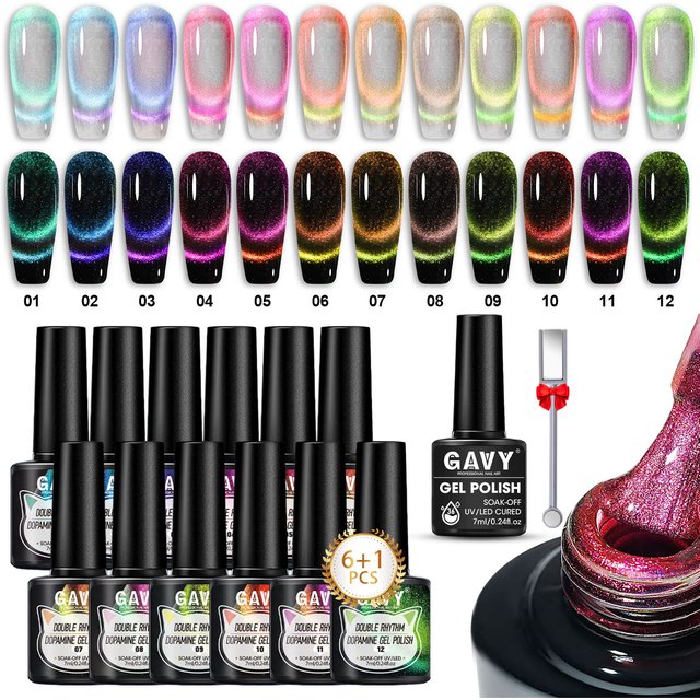 GAVY 5-teiliges Zweifarbiges Katzenauge-Gel-Nagellack-Set + Schwarzes Basis-Gel + Magnetstab, für DIY-Nagelkunst