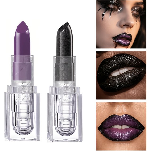Clear Square Case Glitter Black Matte Purple Lipstick, Halloween Cosplay Stage Creative Dark Lip Makeup