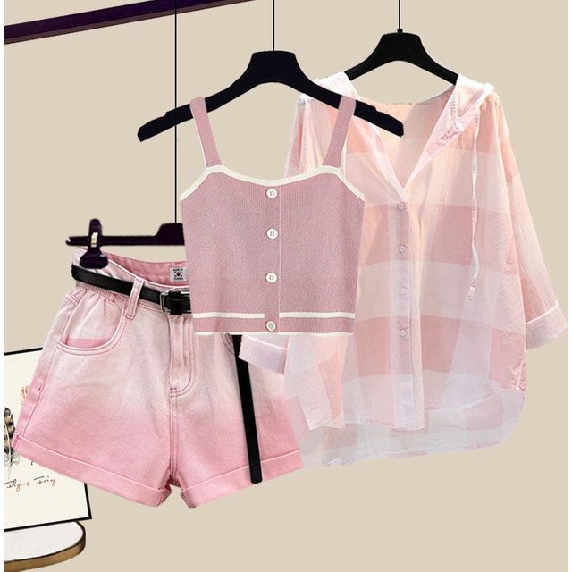 Women's 2026 Summer New In Matching Set Korean Elegant Casual Checkered Sunscreen Shirt+suspender+denim Shorts Three Piece Suit
