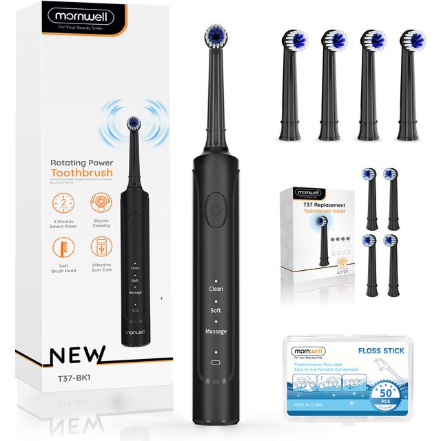Mornwell Rotating Electric Toothbrush for Adult with 8 Brush Heads, 3 Modes Rechargeable Power Toothbrush 2 Min Timer T37(T2233)