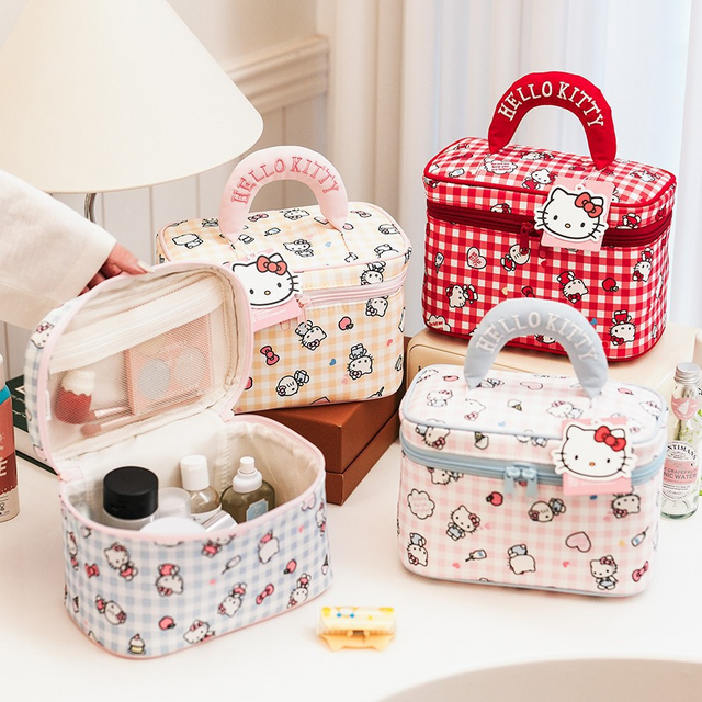 Large-capacity portable storage bag, cute plaid Sanrio Kitty makeup bag, durable canvas makeup storage bag