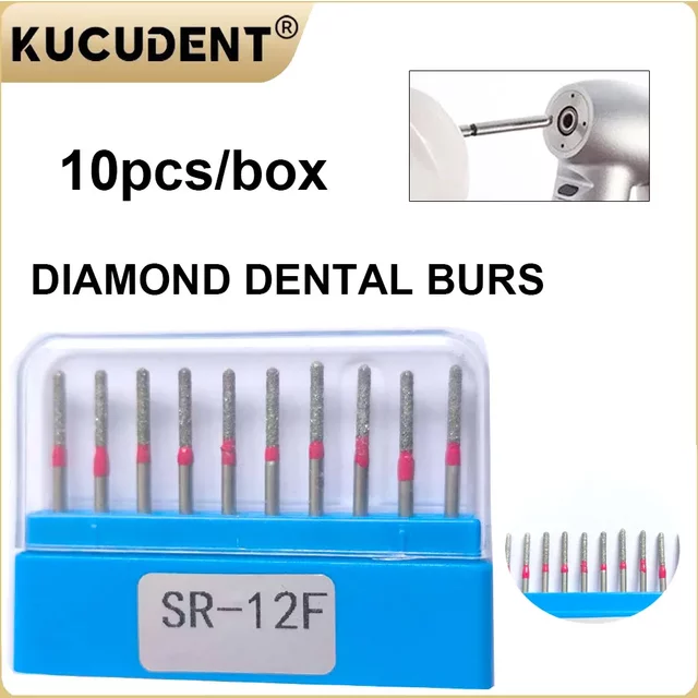 KUCUDENT 10Pcs/Box Dental Diamond Burs FG 1.6mm Shank for High Speed Handpiece Teeth Whitening and Composite Polishing Tools