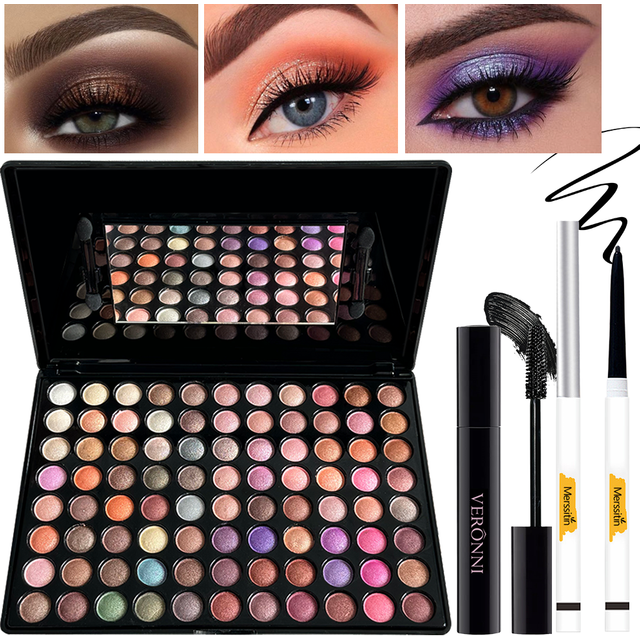 88 Colors Eyeshadow Palette Eye Makeup Set Black Mascara Waterproof Black Gel Eyeliner Pencil Matte Shimmer Pigmented Eyeshadow
