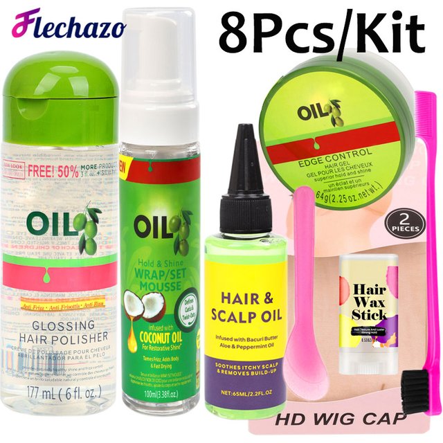 Wig Installation Kit Set 8Pcs Hair Mousse Glossing Hair Polisher Scalp Oil Edge Control HD Wig Cap Hair Wax Stick Hair Brush