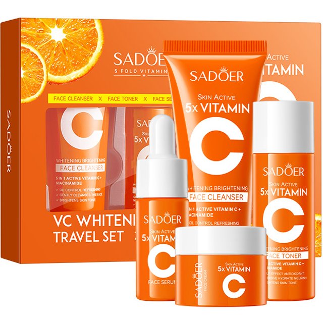 4-Piece Portable Vitamin C Moisturizing Travel Skin Care Set Vitamin C Facial Cleanser Toner Essence Cream Portable Skin Care