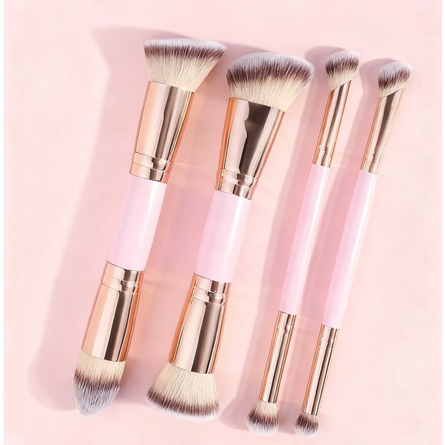 4Pcs Professional Facial Double-Ended Makeup Brush Set With Paper Box,Bevel&Taper Foundation Brush Contour Brush Blush Brush Pow