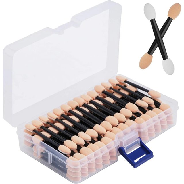 Cuttte 50/100PCS Disposable Dual Sides Eye Shadow Sponge Applicators with Container, Length Eyeshadow Brushes Makeup Applicator