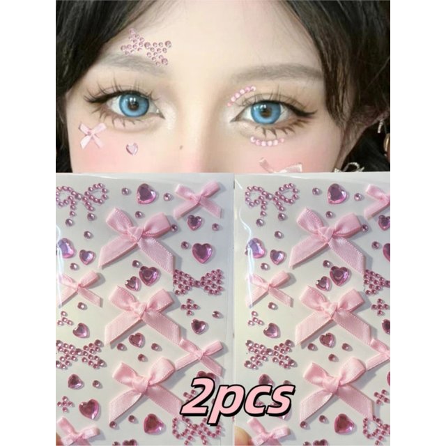 2/1pcs Pink Bowknot Heart Face Glitter Rhinestone Stickers Birthday Party Y2K Makeup Music Festival DIY Eyes Face Jewels Sticker