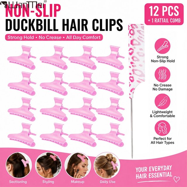 13Pcs Non Slip Duckbill Hair Clips With Rat Tail Comb No Crease Sectioning Hair Clips For Salon Styling Makeup