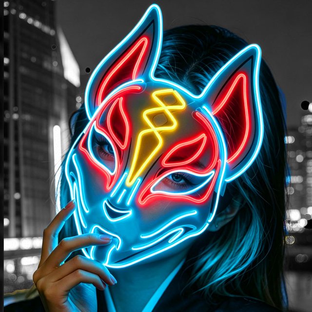Glowing Japanese Kitsune Fox Mask Neon LED Light Mask Full Face Mask for Halloween Carnival Nightclub Party Cosplay Accessories