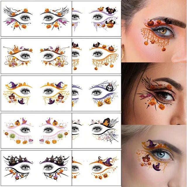 10pcs/set Halloween Eye Tattoo Stickers Colorful Pumpkin Ghost Spider Pattern Fake Tattoo for Halloween Party Face Makeup