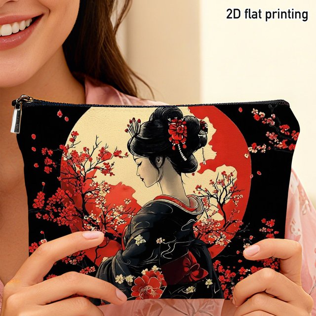1pc Japanese Style Geisha Cherry Blossom Makeup Bag Elegant Red Moon Floral Print Travel Toiletries Daily Beauty Storage Gift