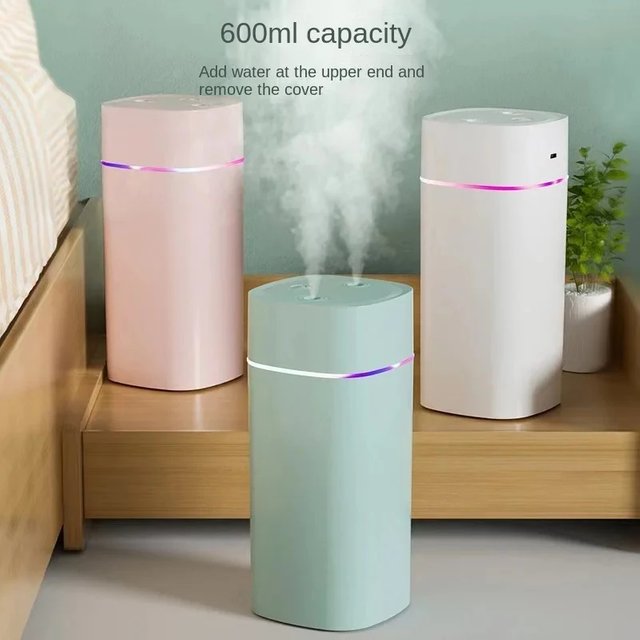 USB Dual Nozzle Humidifier|600ml/H Large Mist Ultra Quiet Portable Moisturizer for Home Car Desk