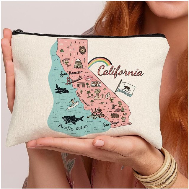 1pc California Map Makeup Bag - Zippered Travel Toiletry Organizer Locations Markings Portable Cosmetic Pouch Suitable for women