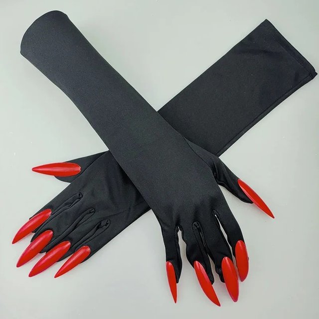 Halloween Makeup Ball Witch Red Nail Ghost Cat Demon Paw Gloves Cosplay Black Elastic Satin Stage Performance Women Long Mittens