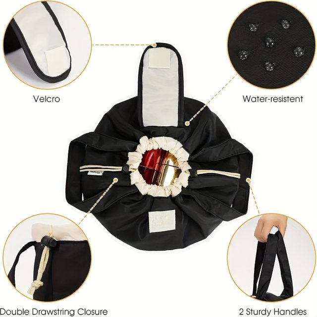 Large Capacity Bucket Cosmetic Bag, Drawstring Makeup Travel Organizer with Adjustable Strap Flip Top Pockets Gift