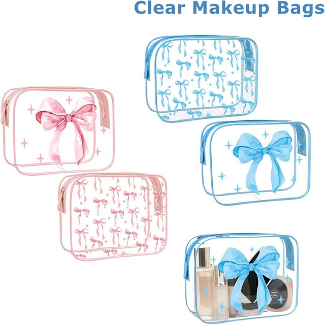 ●1PCS Cute Bow Print Waterproof Pvc Nylon Pouch Bows Makeup Bag Transparent Toiletry Zipper Pouch Cosmetic Bags