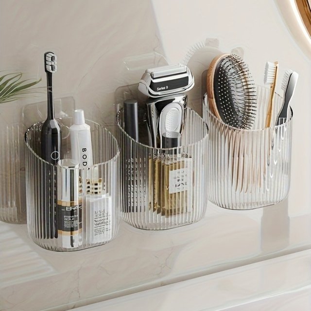 1pc Wall-Mounted Organizer Cup Multi-Functional Bathroom Kitchen Storage Toothbrush Holder Space-Saving Bathroom Accessories