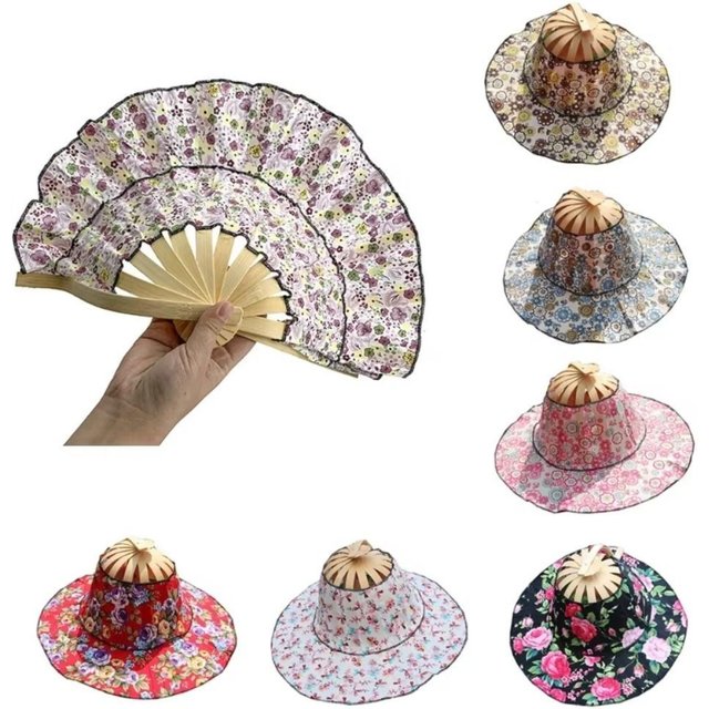Wide Brim Folding Fan Hat Floral Printed UV Protection Fan Sun Hats Foldable Chinese Style Bamboo Sunscreen Cap Summer
