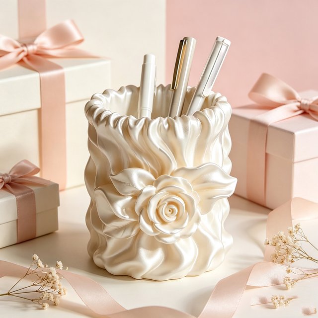 Rose Cosmetic Brush Holder Makeup Organizer Irregular Pleated Pen Holder Desktop Storage Box Home Vanity Table Decor