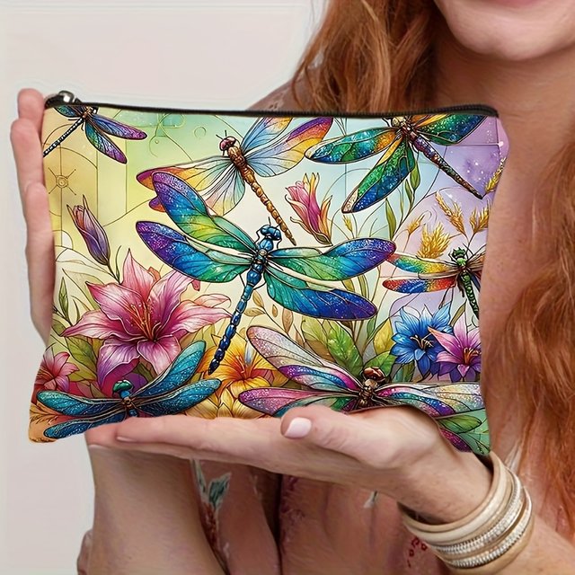Colorful Dragonfly Makeup Bag - Hypoallergenic Floral and Insect Pattern Design, Multicolor Artistic Style Unisex Travel Storage