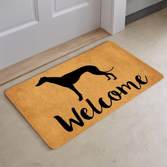 Greyhound Welcome Door Mat, Non-woven Polyester Fabric, Non-slip Rubber Backing, Hand Washable, Indoor/Outdoor Rectangular Mat