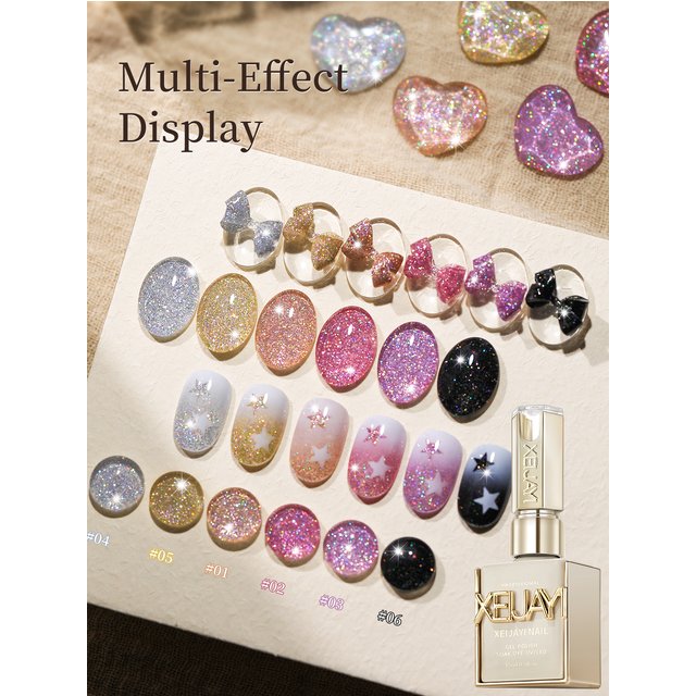 XEIJAYI 6-Color 15ml Brilliant Stars Crushed Gel Nail Polish Set, UV LED Soaking Nail Gel, Semi-Permanent, DIY Salon