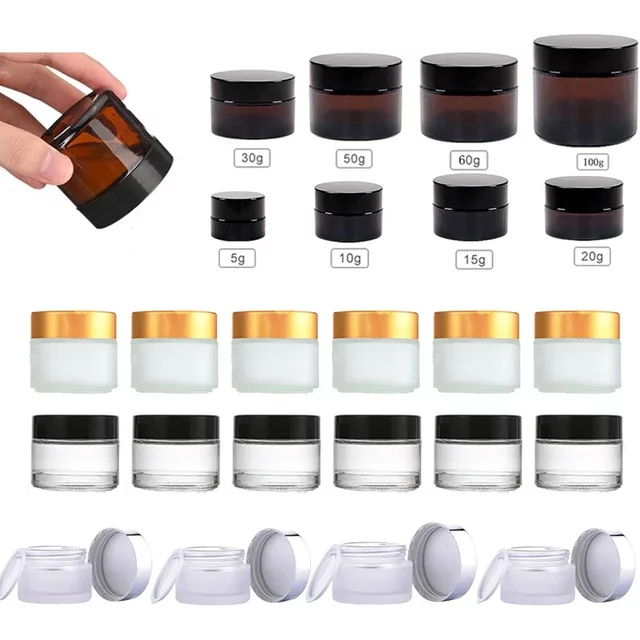 5g/10g/20g/30g/50g Amber Round Glass Jars Pots With Inner Liners & Lids Vials For Lip Balm Lotion Cream Eye Shadow Nail Powders