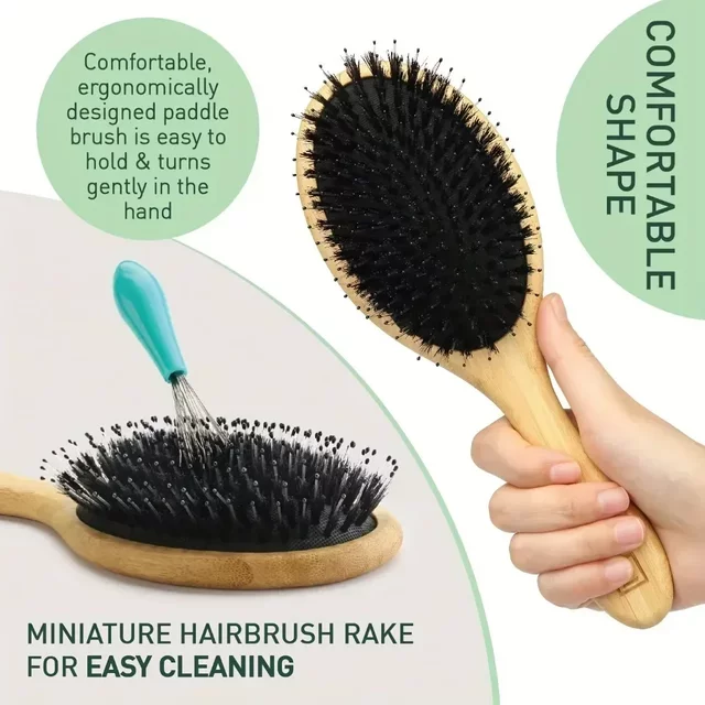 Natural Bamboo Boar Bristle Hair Brush Handle Scalp Massage Comb Anti-static Hair Comb Gasbag Detangling Hair Brush Styling Tool