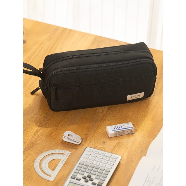 Large Black Multi-Compartment Pencil Case With Smooth Zipper, Portable and Usable as Makeup Bag. New Semester Essentials.