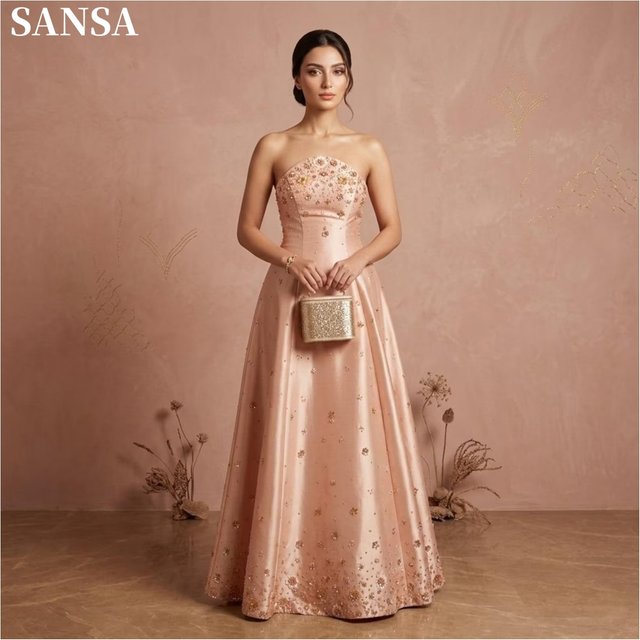 Sansa Customized Elegant Blush Pink women's formal evening gowns Strapless Rhinestone Beaded Gloss Satin Flowy Full Length Maxi