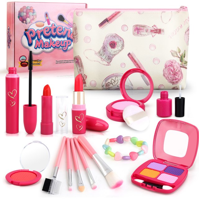 Kids Pretend Makeup Kit Girls Fake Cosmetic Toy Set with Bag Lipstick Eyeshadow Non Toxic Safe Role Play Birthday Gift for Girls