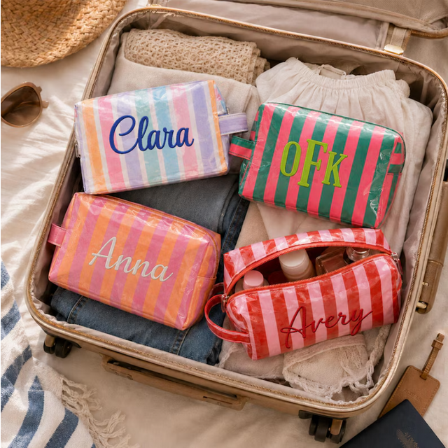 Custom Embroidered Makeup Bag – PVC Travel Cosmetic Pouch, Personalized Waterproof Toiletry Bag, Monogram Stripe Beach Organizer