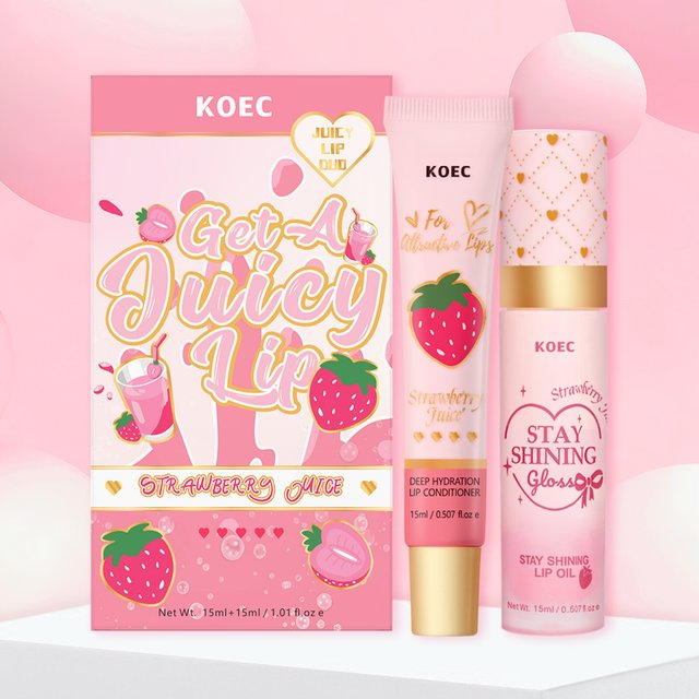 Strawberry/Peach Lip Set, Peach Lip Oil + Lip Lotion, moisturizing and anti-cracking, moisturizing lips and providing gloss