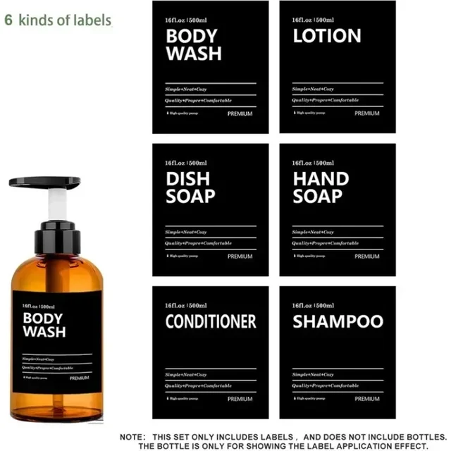 Bottle Sticker 6 PCS Soap Dispenser Labels Waterproof Black Lotion Label Shampoo Conditioner Bathroom Storage Container Sticker
