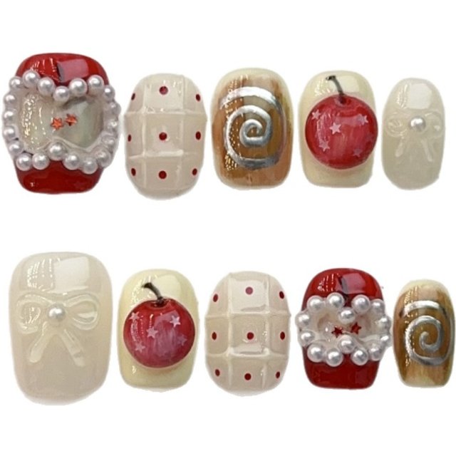 10 Pieces Christmas Apple Star Blush Swirls Handmade Press On Nails New Year Red Pearl Bow Fake Nails Removable Reusable