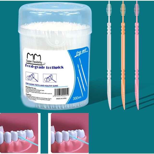 300pcs Plastic Double-head Interdental Brush Dental Floss Stick Mouth Hygiene Plastic Toothpicks Toothbrush Teeth Cleaning Brush