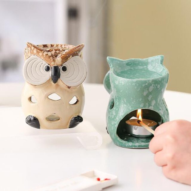 Dessin animé créatif en céramique creux hibou aromathérapie brûleur huile essentielle meubles bougeoir SPA odeur parfum article décor à la maison