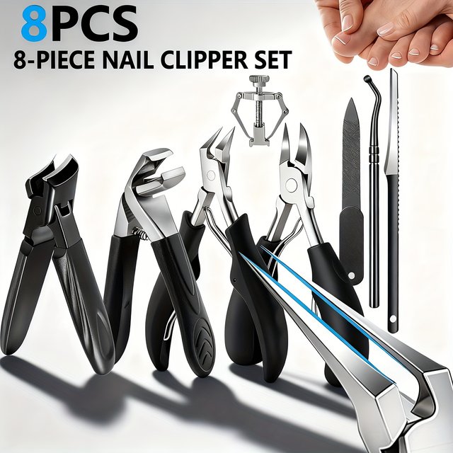 8pcs Men's Heavy-Duty Nail Care Tool Set for Ingrown and Thick Toenails - Ergonomic Stainless Steel Nail Clippers with Nail File