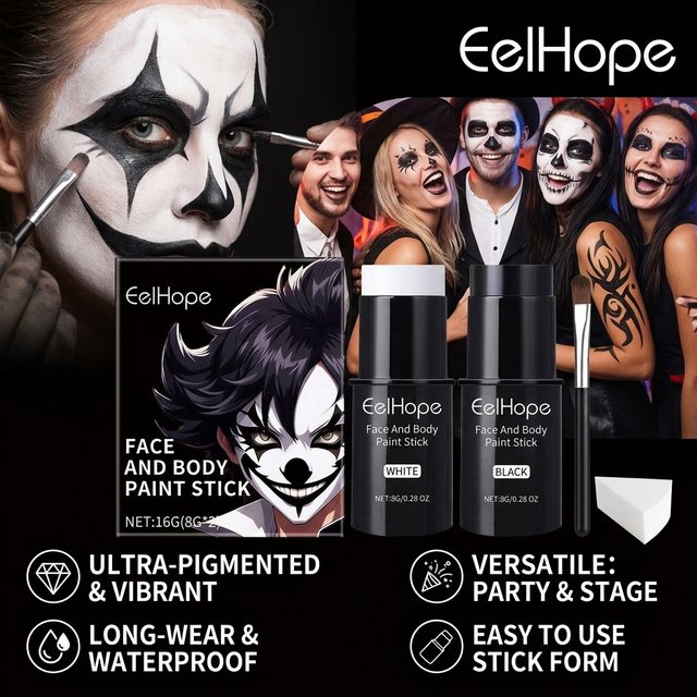 Black White Face Body Paint Kit Cover Foundation Clown Colorful Long Lasting Waterproof Halloween Festive Makeup Accessories Set