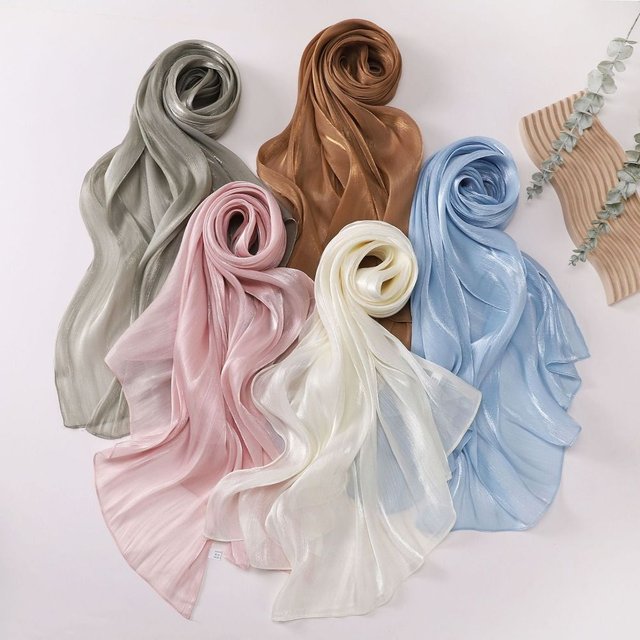 High Qulaity Solid Color Silk Scarf Shining Chiffon Chiffon Hijab Veil Soft Long Head Wrap Outdoor Sunscreen Headscarf