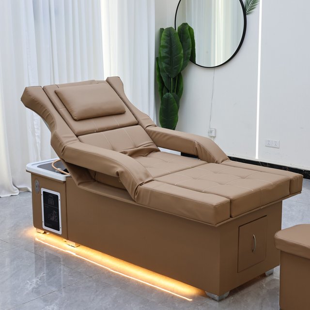 Electric Lifting Head Hair Treatment Bed with Foot Bath Two in One, Water Circulation Hair Care Fumigation, Luxurious Khaki SPA