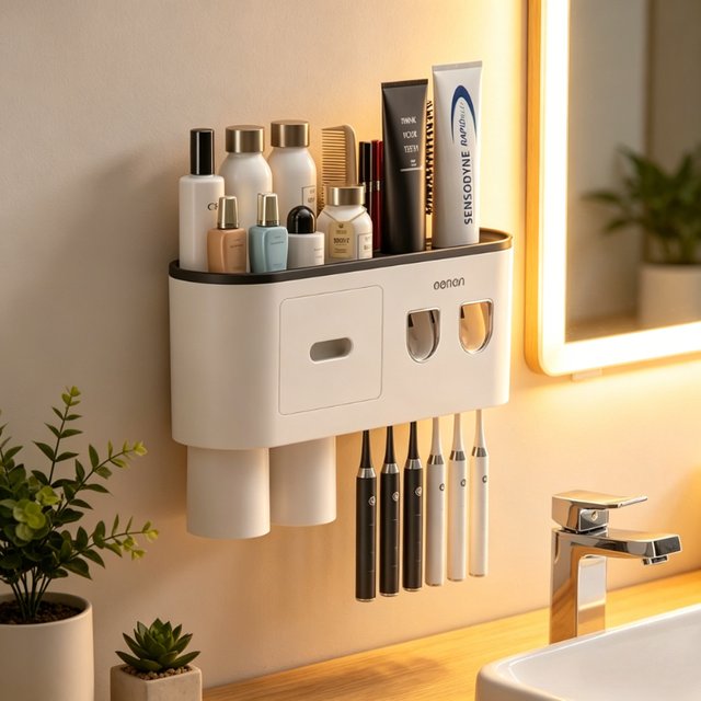 Magnetic Adsorption Inverted Toothbrush Holder Wall-mounted Double Automatic Toothpaste Dispenser Rack Bathroom Accessories