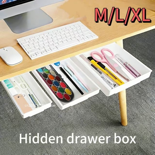 1pc White SelfAdhesive Storage Drawer Box Makeup Pencil Tray Desk Hidden Under Desk Stand Self-adhesive Under-drawer Storage Box