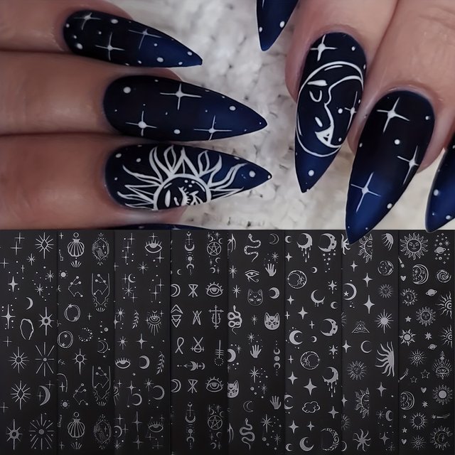 8pcs silver sun moon star nail art stickers, easy to apply for nail decoration, DIY, gift, party and wedding makeup styling