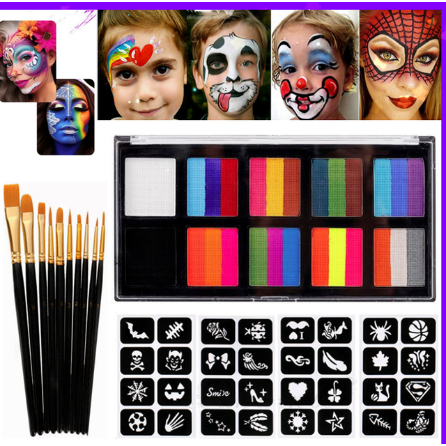 Face Body Paint Palette, Water Based Rainbow Palette Stripe Painting Set with Brushes, Christmas Halloween Cosplay Makeup Kit