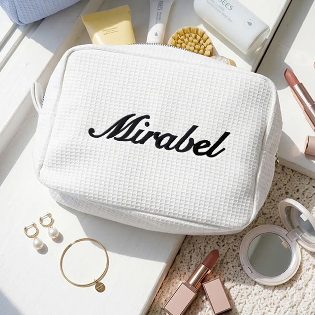 Personalized Name White Waffle Cosmetic Bag Custom Wedding Bride Bridesmaid Makeup Bag Bachelorette Party Bridal Shower Decorate
