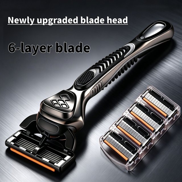 6-Layer Replaceable Safety Blades, Men's Manual Razor, Zinc Alloy Handle, Stainless Steel Blades, Suitable for Daily Facial Clea